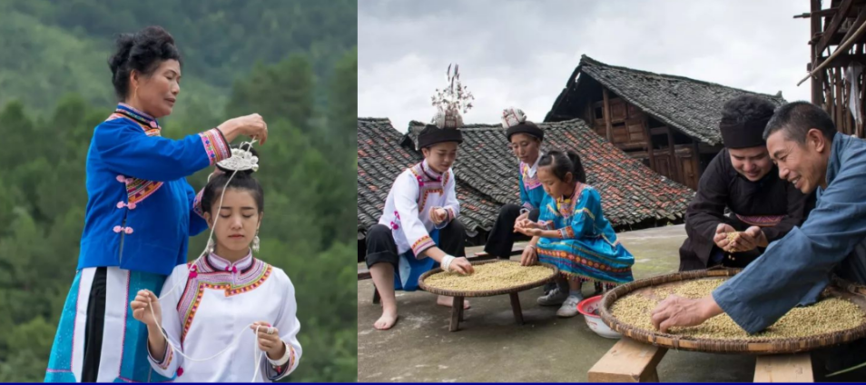 Aduo dressed in Miao costume in her families' company