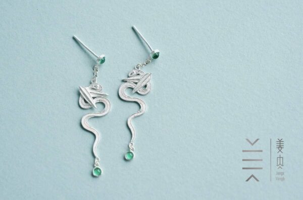 Pure Silver Earrings - Bamboo Leaf Green - Image 2