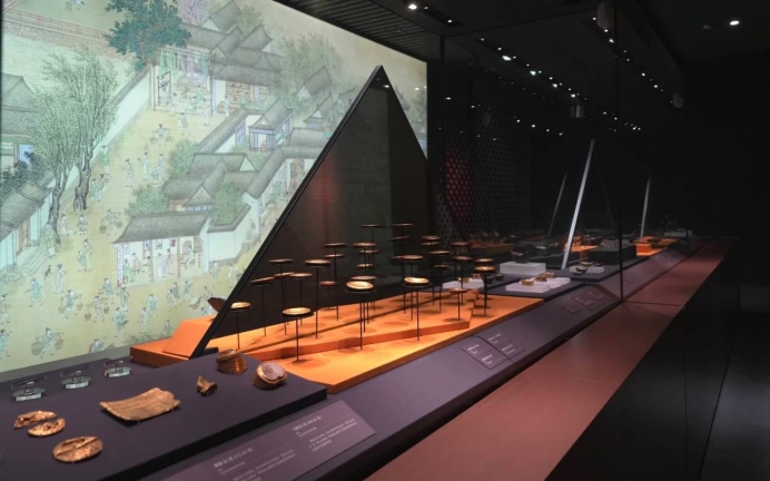 Ancient artifacts displayed in museum setting.