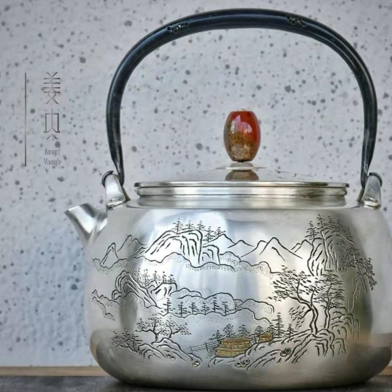 Large-sized Swing Handle Pure Silver Teapot – Dwelling in the Mountains 1