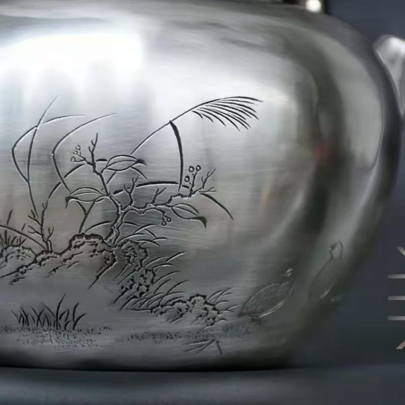 Pure Silver Teapot - Two Quails - 画像 (3)