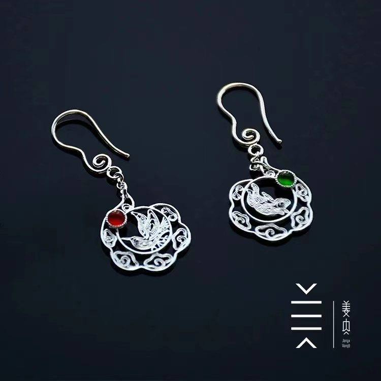 Pure Silver Earrings - The Golden Bird and Jade Rabbit - Image 2